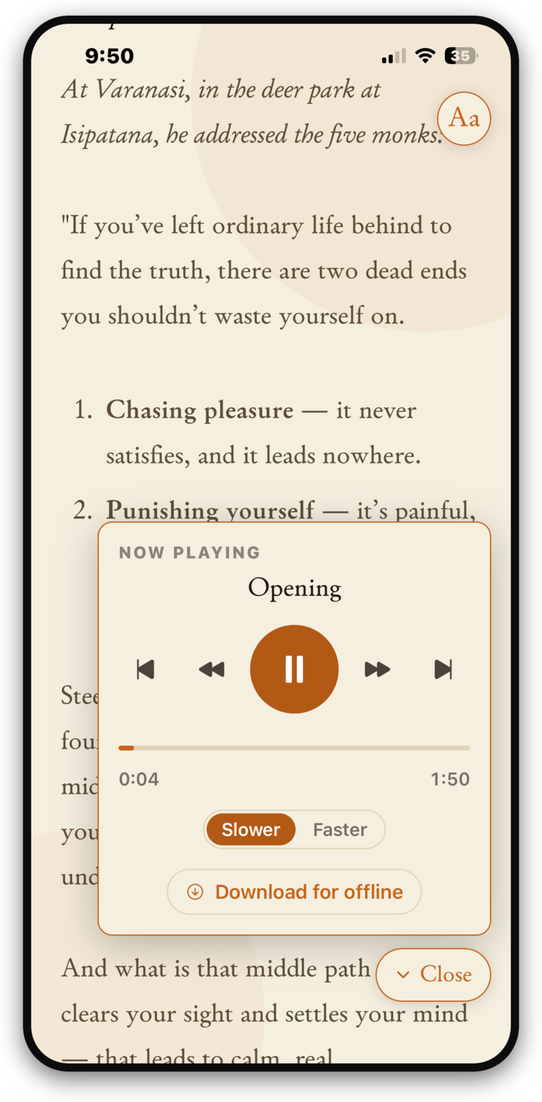 The Plain Dharma app, playing the narrated audiobook