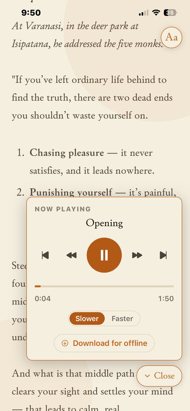 The Plain Dharma mobile app — the audio player with offline download.