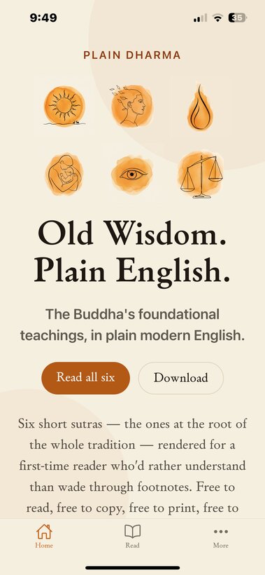 The Plain Dharma mobile app — home screen.