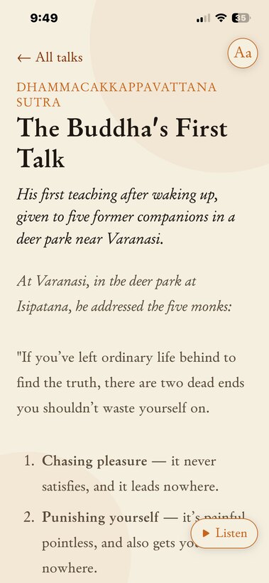 The Plain Dharma mobile app — reading a talk, with a Listen button.