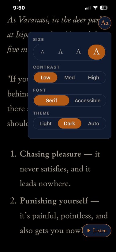 The Plain Dharma mobile app — reading settings, light and dark themes.