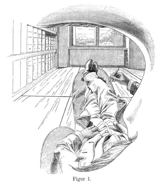 Ernst Mach's 1886 drawing of his own visual field — a first-person view down his reclining body toward a window.
