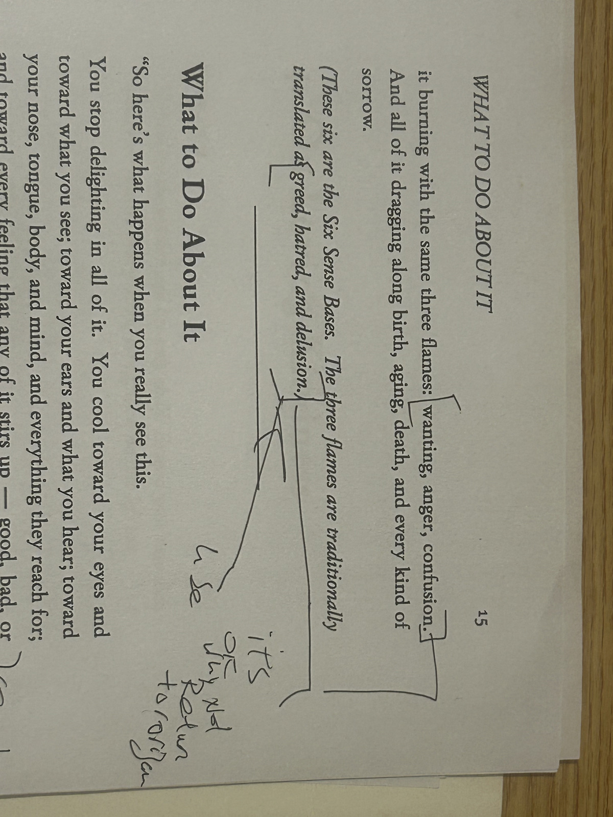 A printed proof page of the Fire Sermon with handwritten edits in the margin.