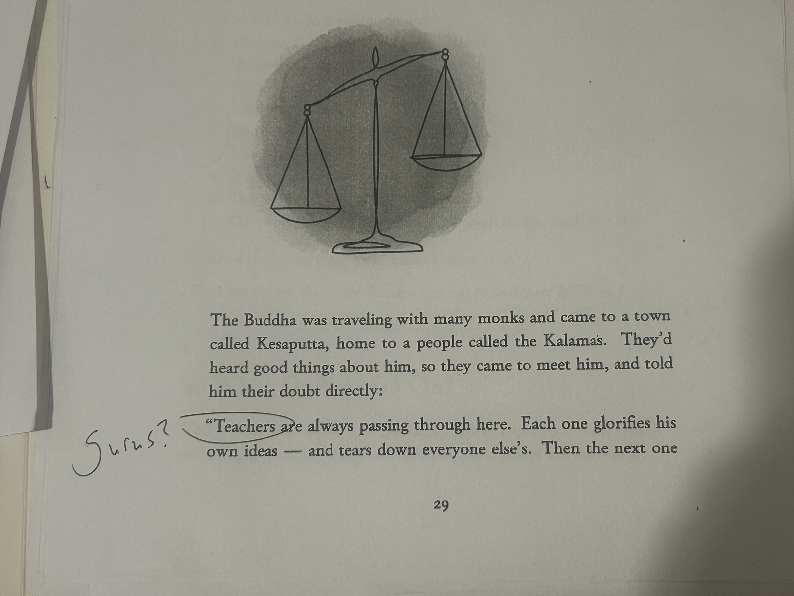 A printed proof page of the Kālāma Sutta with a scales illustration and margin notes.