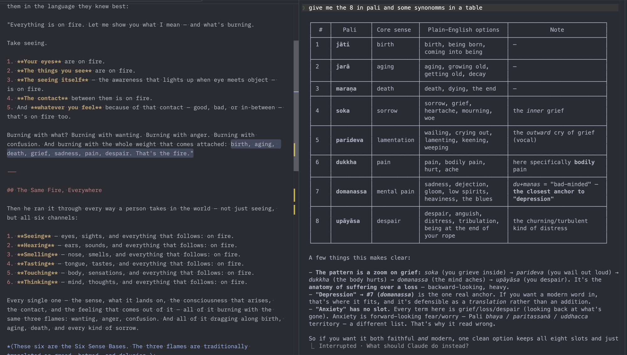 A lexical table glossing the Pāli terms for suffering in the Fire Sermon.