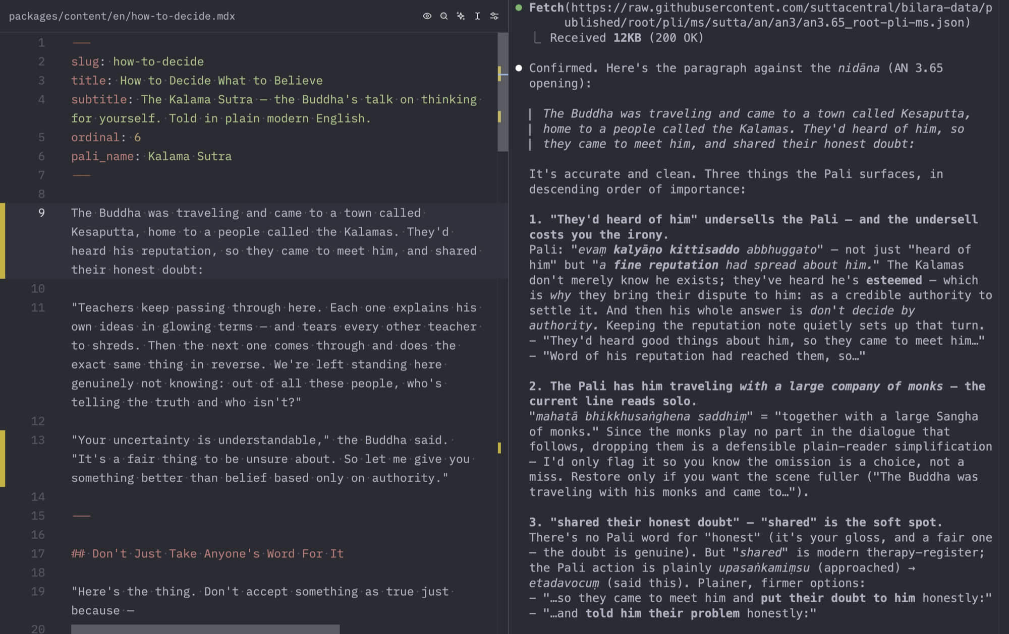 A working session checking the Kālāma Sutta opening against the Pāli source from SuttaCentral.